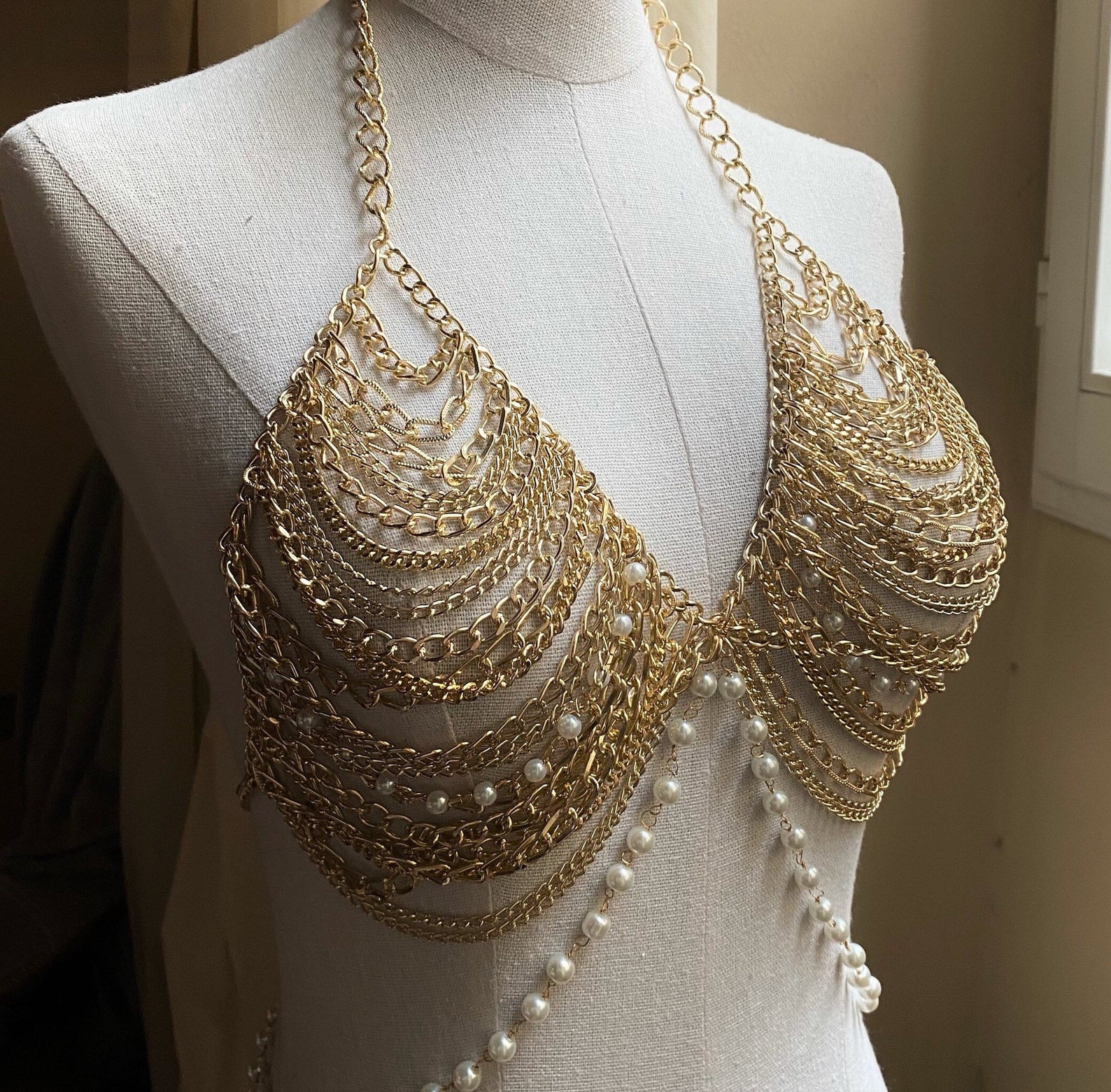 Gold Chain Dress, Gold Body Chains, Body Jewelry, Pearl Body Chain