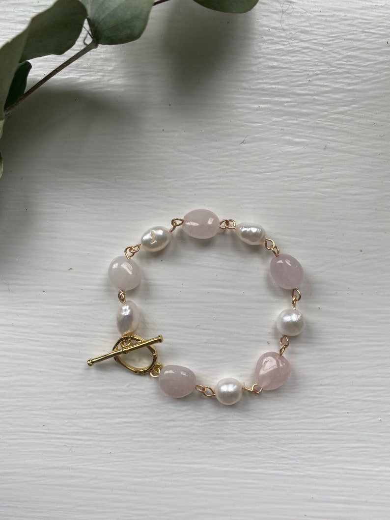 Rose Quartz & Freshwater Pearl Bracelet Gold Plated Toggle Clasp multicolor beaded bracelet, Gift for Her, Wedding jewelry, mixed gemstone image 1