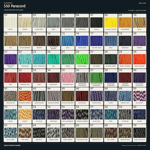 Puede incluir: Una gu&iacute;a de selecci&oacute;n de colores de paracord 550 titulada ELE SURVIVAL 2026/2027. La cuadr&iacute;cula muestra 70 muestras numeradas de varios colores s&oacute;lidos y patrones multicolores, cada una con un nombre correspondiente impreso bajo la muestra.