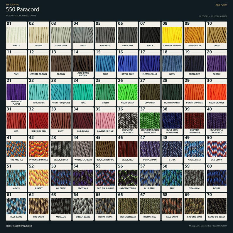 Puede incluir: Una gu&iacute;a de selecci&oacute;n de colores de paracord 550 titulada ELE SURVIVAL 2026/2027. La cuadr&iacute;cula muestra 70 muestras numeradas de varios colores s&oacute;lidos y patrones multicolores, cada una con un nombre correspondiente impreso bajo la muestra.