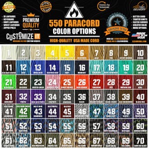 May include: A chart showing 70 different color options for 550 paracord. The chart is organized in rows of 10 colors, with each color labeled with a number and a name. The paracord is made in the USA and is high quality.