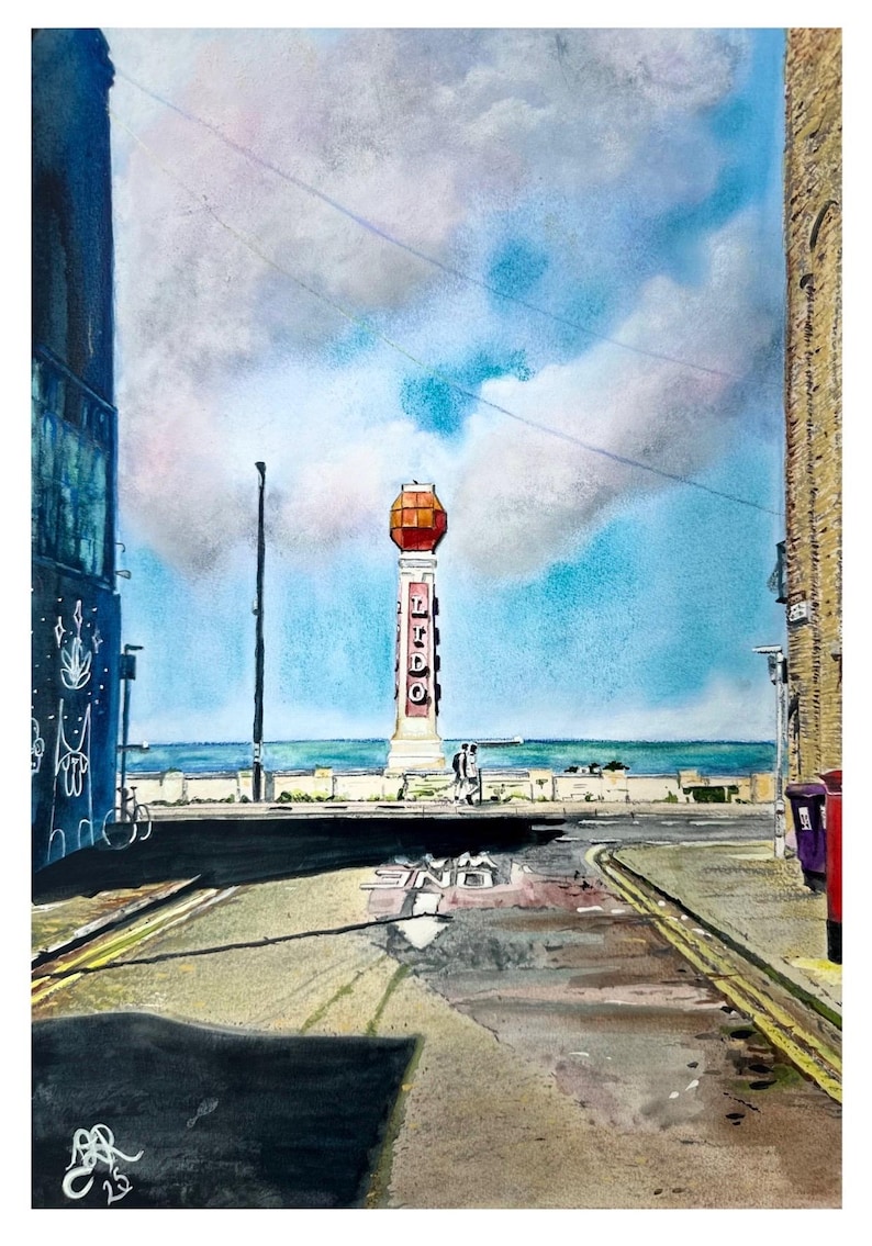 Margate Lido Art Print: Pastel Watercolour Coastal Wall Art, Coastal Scene, Seaside View, Colourful Wall Art, Statement Painting, Location image 1