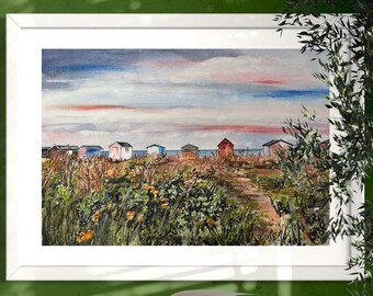 Original Watercolour & Pastel Coastal Art: Kingsdown Deal Stripey Beach Huts, Signed Pastel Painting, Colourful Pastel Artwork, Kent Coast