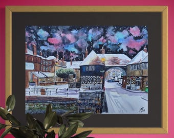 Beautiful Sandwich Kent Toll Bridge & The Bell Hotel Original Painting, Signed Framed Watercolour, Bespoke Artwork, Location Art, Snow Scene