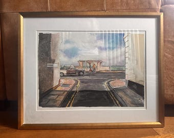 Nostalgic Coastal Art: Deal, Kent, Watercolour with Classic Car, Retro Wall Hanging, Original Painting, Art Deco Shelter, Triumph Herald