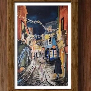 Christmas Lights of Folkestone,  Watercolour Art Print, Urban Watercolour, Folkestone Painting, Christmas Decor, Watercolor Winter Art