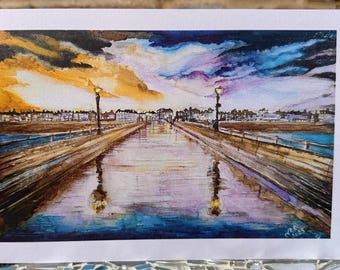 Beautiful Watercolour Coastal Card Deal Pier  “Beyond the Stormy Skies" | Blank Card, Watecolor Art Card, Sympathy Card, Male Birthday