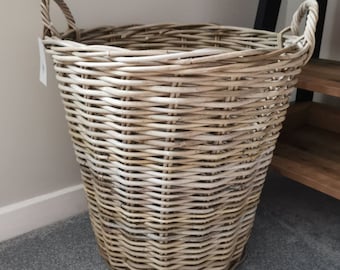 Large Round Quality Rattan Log Basket With Ear Handles - Rustic Home Storage