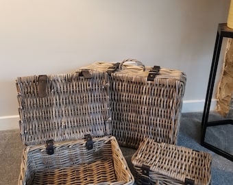 Strong Rustic Rattan Hamper Baskets Suitcase Style With leather Straps - Great Christmas Hampers