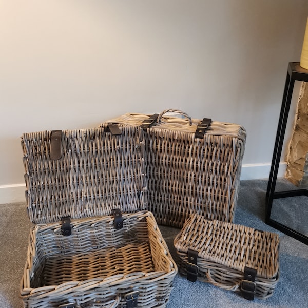 Strong Rustic Rattan Hamper Baskets Suitcase Style With leather Straps - Great Christmas Hampers