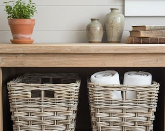 Strong & Sturdy Handmade Square Rattan Basket With Cut Out Handles - Thick Rattan Weave.