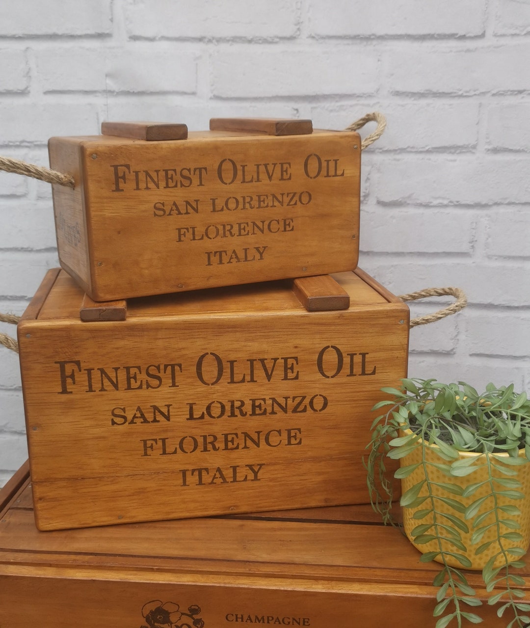 Solid Wooden Vintage Style Lidded Olive Oil Crates With Rope Handles