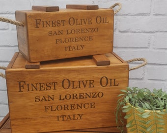 Solid Wooden Vintage Style Lidded Olive Oil Crates With Rope Handles