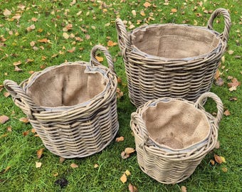 Strong, Round, Chunky Rattan baskets With A Removable Hessian Liner