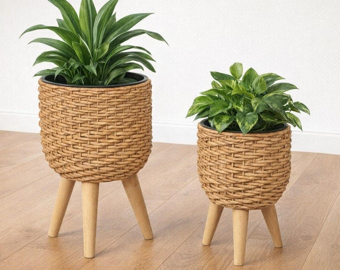 Natural Freestanding Water Hyacinth Planters With Removable Planting Area.