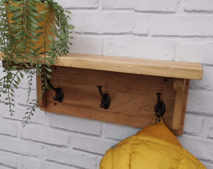 Solid Oak Wall Mounted Coat Rack With Shelf - 3 Hooks
