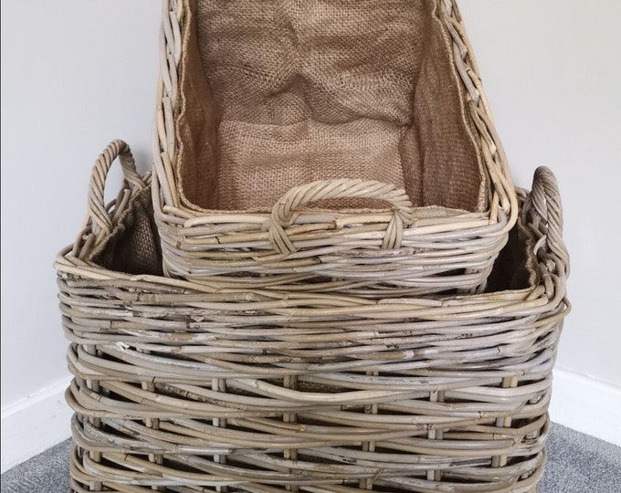 Chunky Rectangular Rattan Log Baskets With Removable Hessian Liner & Ear Handles - 2 Sizes Available