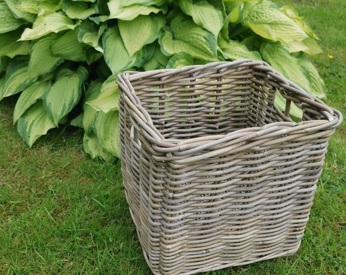 Strong & Sturdy Handmade Square Rattan Basket With Cut Out Handles - Thick Rattan Weave.