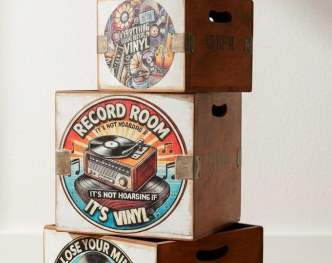 Printed Wooden Record Box – Vintage Style Storage
