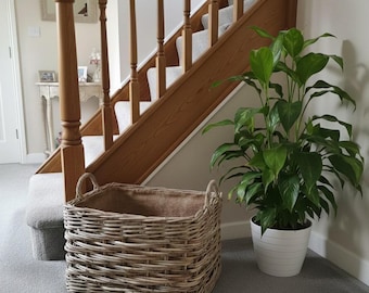Chunky Rectangular Rattan Log Baskets With Removable Hessian Liner & Ear Handles - 2 Sizes Available