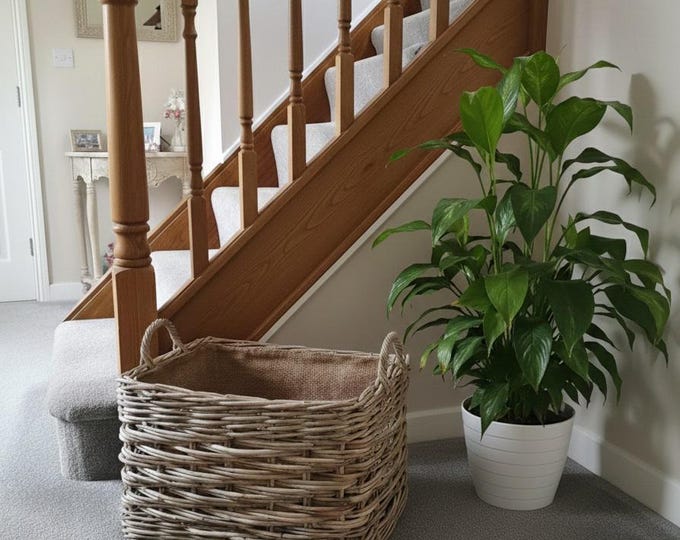Chunky Rectangular Rattan Log Baskets With Removable Hessian Liner & Ear Handles - 2 Sizes Available