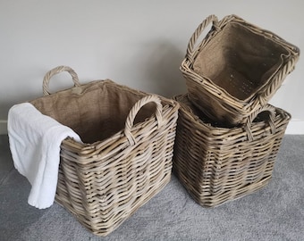 Chunky Square Rattan Log Baskets With Removable Hessian Liner & Ear Handles - 3 Sizes Available