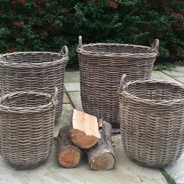 Super Strong Round Wicker Log Basket with Handles - Rattan Storage Rustic Home FREE DELIVERY