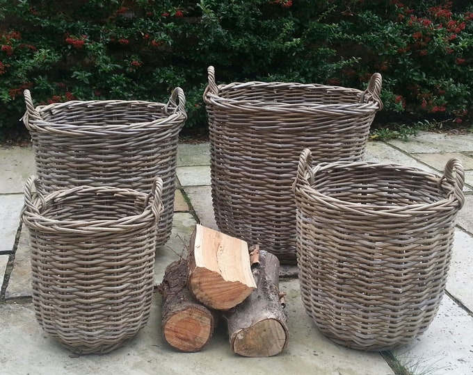 Super Strong Round Chunky Rattan Log Basket with Handles - Rustic Home Wicker Basket.