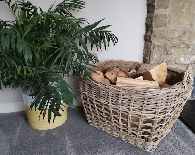 Large & Strong Open Weave Rattan Log Basket With Ear Handles and Hessian Liner.
