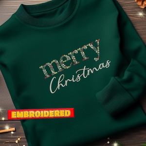 Geborduurd Merry Christmas Sweatshirt | Vrolijk Kerstfeest Sweatshirt | Kerstcadeau voor haar | Kersttrui | Familie ronde hals