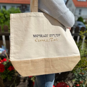 Personalisierte Jutetasche mit Koordinaten und Namen, Bestickte Tasche, Lehrerin, Strandtasche, Handtasche, Weihnachtsgeschenk, Monogramm