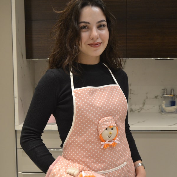 Apron for women, cooking, 2-piece kitchen set of gloves and apron with baby motif, wedding gift, Mother's Day