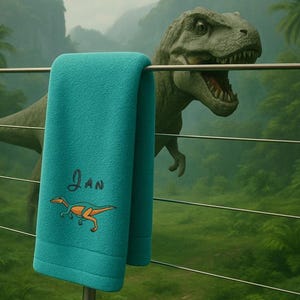 Könnte beinhalten: Ein türkisfarbenes Handtuch mit einem kleinen Dinosaurier und dem Namen "Ian" bestickt. Das Handtuch hängt an einem Metallgeländer vor einer grünen Dschungelszene mit einem Dinosaurier im Hintergrund.