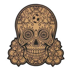 May include: A brown and black sugar skull with floral designs and a soccer ball in the center of the forehead.