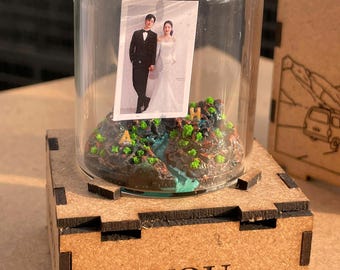 Valentine Gift, Personalized Photo in a Bottle with Custom Initials, Anniversary Keepsake in Wooden Box, Unique Romantic Gift for Him Her