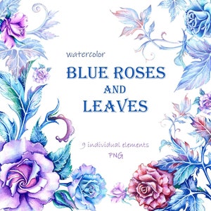 Aquarell Clipart blaue Rosen. Akanthus Blätter blau png. Rosen lila Aquarell. Hochzeitsblumen. DIY-Kreation. Clipart Blätter. PNG-Datei.