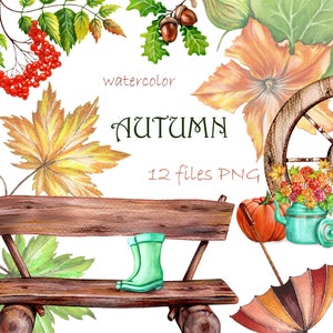Watercolor autumn clipart. Autumn clipart set. Pumpkin. Colorful umbrella. Flower. Stickers. Planner. Scrapbooking. PNG. Hand painted.