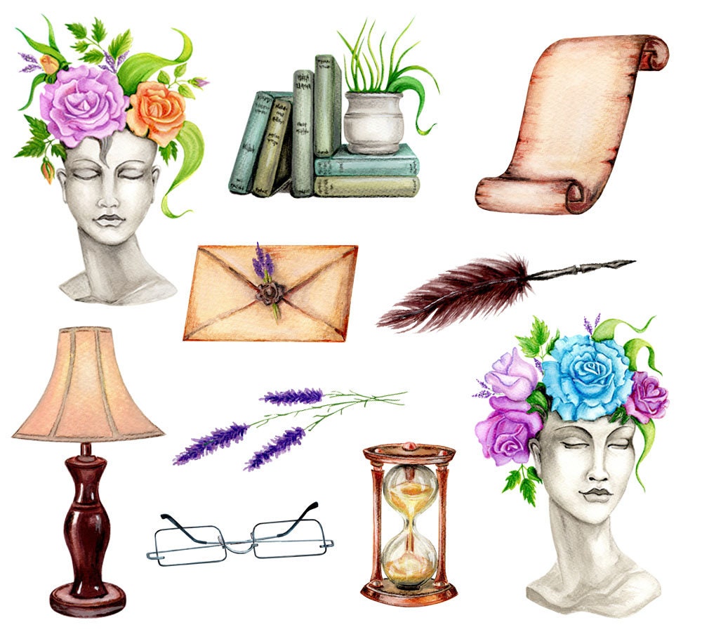 Watercolor Vintage Books Library Clipart. Vintage Art Library