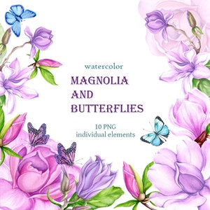 Watercolor clip art magnolia. Butterfly blue. Hand-painted illustrations. PNG . Instant download. Wedding flowers clipart. For postcards.
