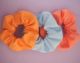 Colourful Hair Scrunchies | Buy one or as a set of three | Hair Accessories, Bobbles, Hair Ties, Elastic, For All Ages | Peach, Blue, Pink