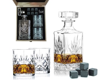 Classic Whiskey Decanter And Whisky Glasses Gift Set | Whisky Glasses, Decanter & Whiskey Stones Set