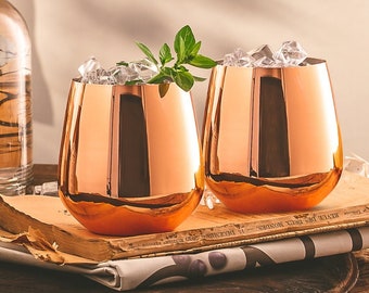 Stemless Copper Wine Glasses | Set of 2 Stainless Steel Copper Cups for Wine & Moscow Mules | 560ml Copper Mugs x2