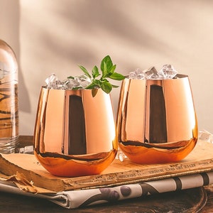 Stemless Copper Wine Glasses | Set of 2 Stainless Steel Copper Cups for Wine & Moscow Mules | 560ml Copper Mugs x2