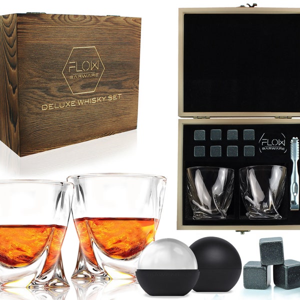 Twist Whiskey Glass Gift Set, Set of 2 Whisky Glasses & Whiskey Stones | Tumbler for Scotch, Bourbon
