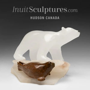 6&quot; Young Polar Bear & Seal by Peter K. *Peek A Boo* Inuit Sculpture Stone art Original Inuit Carving Stone, New, Canadian