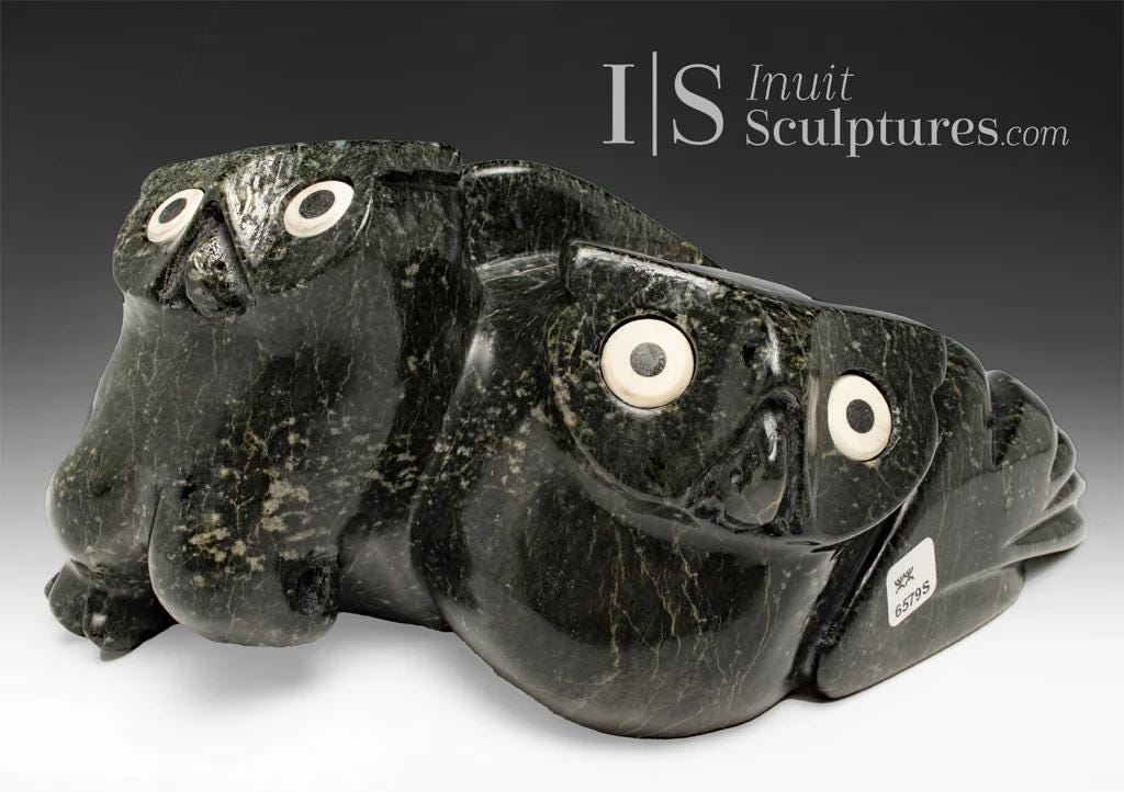 12" SIGNATURE Owls by Joanasie Manning *Gold Winner* Original Inuit Sculpture Cape Dorset Art, 