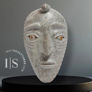 VINTAGE 13&quot; Face by David Ruben Piqtoukun *The Eyes Have It* Inuit Sculpture Soapstone art Inuit Original Inuit Carving Serpentine Stone New