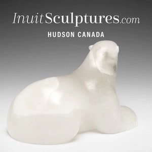 8&quot; Lying Polar Bear by Derrald Taylor *Badge*   Inuit Sculpture art Inuit Original Inuit Soapstone Carving Marble Stone New Canadian