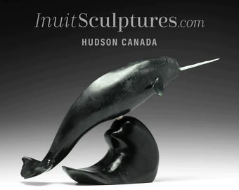 16" Museum Calibre Narwhal by Paul Malliki *Kingsman* Inuit Sculpture art Inuit Original Inuit Soapstone Carving Serpentine New Canadian