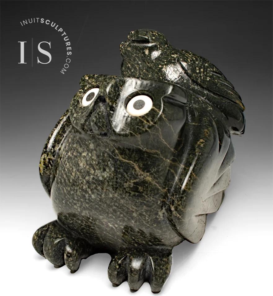 10" SIGNATURE Owls by Joanasie Manning *97* Original Inuit Sculpture Cape Dorset Art, Canadian 